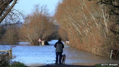 A man and his dog stand looking at flood water on a road