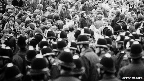 Police and miners at a demonstration at Orgreave Colliery, South Yorkshire, during the miner's strike