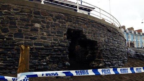 Damage to the sea wall at Aberystwyth