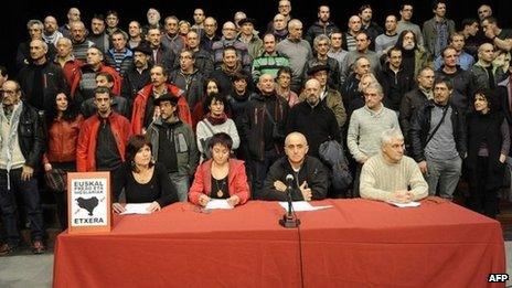 Some 70 former Eta prisoners gather for a news conference in the Spanish Basque town of Durango