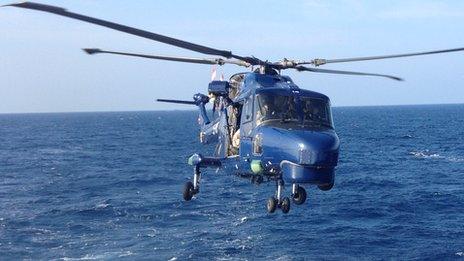 Helicopter lands on the Norwegian frigate HNoMS Helge Ingstad