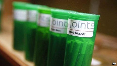 Different strains of marijuana are displayed for sale at The Clinic, a Denver-based dispensary (December 2013)