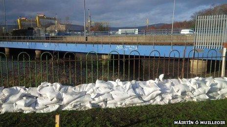 Wall of sandbags in Sydenham, east Belfast