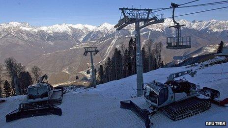 Piste maintenance equipment is seen on a slope near the resort of Krasnaya Polyana, near Sochi