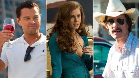 The Wolf of Wall Street (left), American Hustle (centre) and Dallas Buyers Club (right) are also chasing nominations