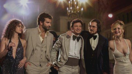 The ensemble cast of American Hustle includes (from left) Amy Adams, Bradley Cooper, Jeremy Renner, Christian Bale and Jennifer Lawrence