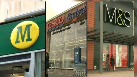 Morrisons, Tesco and M&S store fronts