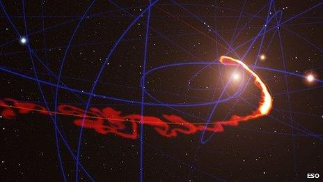 A gas cloud being 'stretched like spaghetti' by the black hole's gravity