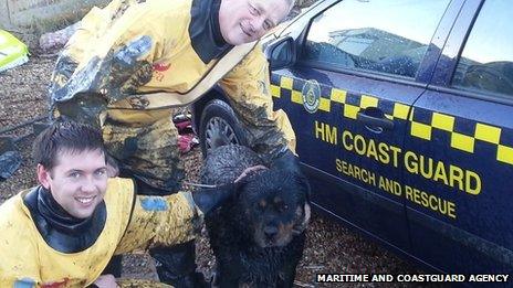 Buddy with rescuers Roly Warmington (back) and Alex Benfield