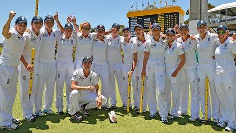 England celebrate after winning the Women's Ashes Test