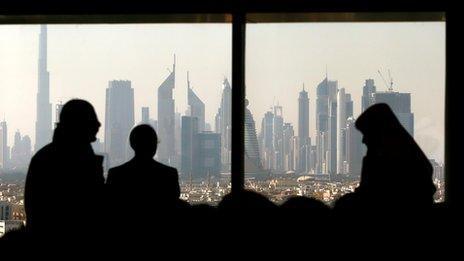 Part of the skyline of the city of Dubai in the early hours of the morning from the Dubai Chamber of Commerce and Industry building, on November 20, 2012