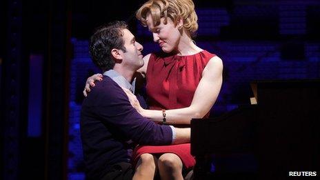 Anika Larsen and Jarrod Spector perform in Beautiful - The Carole King Musical