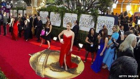 A view of the red carpet before the 2014 Golden Globe Awards.