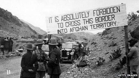 An Afghan border crossing at the Khyber Pass manned by British troops during the Third Anglo-Afghan War