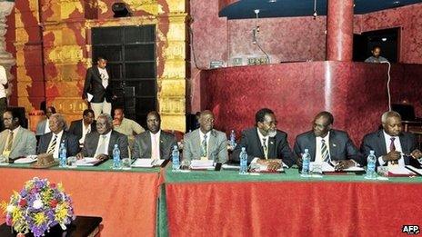 South Sudanese government representatives attend peace talks on the fighting in South Sudan on in a nightclub in Addis Ababa, Ethiopia 13 January 2014