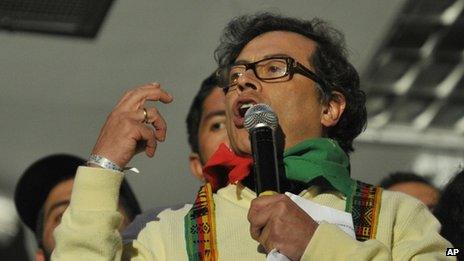 Bogota's Mayor Gustavo Petro speaks to supporters during a protest in Bogota on 13 December, 2013