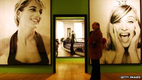 Pictures of Princess and Madonna on the wall at Testino's 2002 Portraits exhibition at the National Portrait Gallery