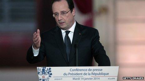 French president Francois Hollande speaks during a press conference to present his 2014 policy plans at the Elysee presidential palace on January 14, 2014, in Paris, France.