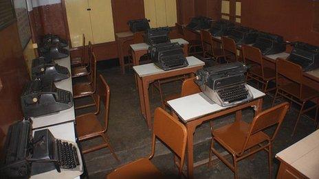 Classroom full of Remington typewriters in Suffee Commercial College, Calcutta