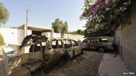 Remains of cars destroyed during the 11 September 2012 attack on the US mission in Benghazi