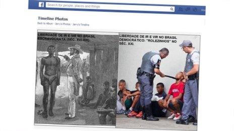 A screengrab from Facebook of an image showing a slave scene in Brazil (l) and a police officer holding a baton to the neck of one of those taking suspected of taking part in a rolezinho (r)