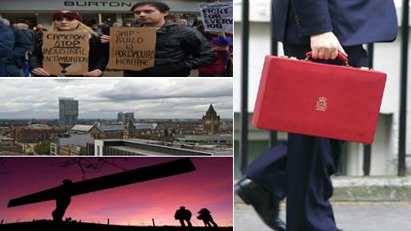 Shipyard protests in Portsmouth, the Manchester skyline and the Angel of the North