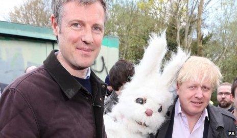 Zac Goldsmith,left, with a fluffy rabbit and London mayor Boris Johnson