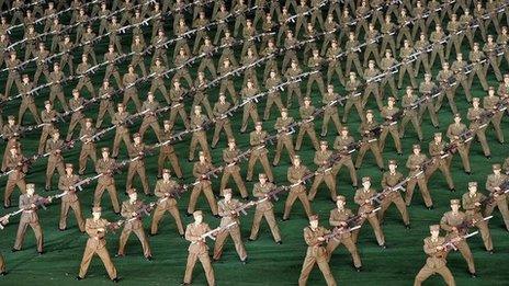 North Korean soldiers perform on May Day in the capital Pyongyang