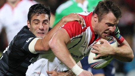 Dan Bowden of Leicester and Ulster's Tommy Bowe