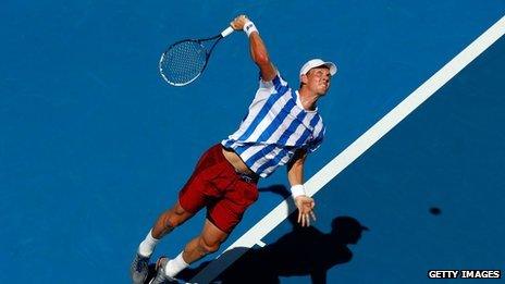 Tomas Berdych of the Czech Republic serving at the Australian Open