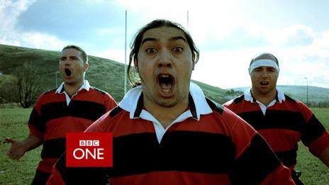 An image from a BBC Wales identity clip showing three rugby players performing the Haka