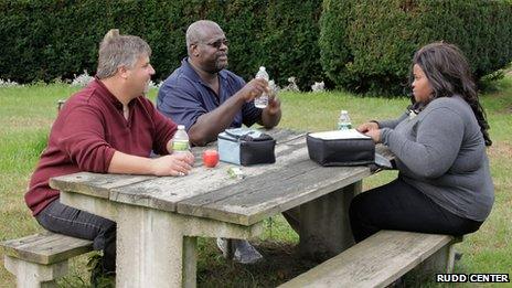 People sitting at a picnic bench