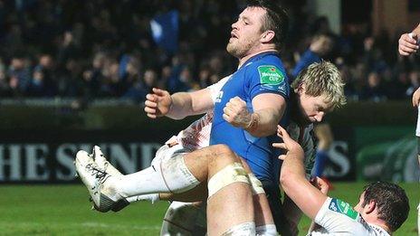 Leinster prop Cian Healy celebrates scoring his try against the Ospreys