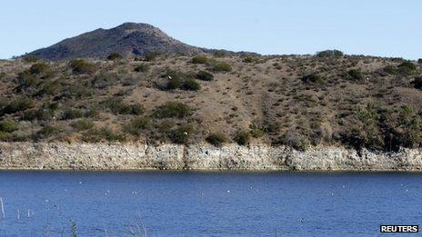 The receding water line of Lake Hodges is seen in San Diego County 17 january 2014