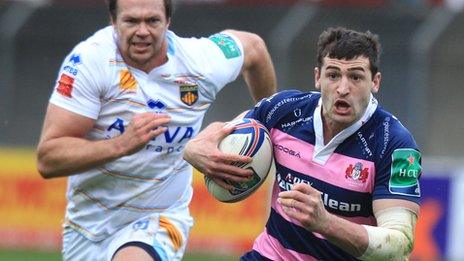 Jonny May races clear to score a spectacular try for Gloucester