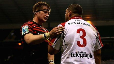 Saracens number eight Ernst Joubert commiserates with Ulster prop John Afoa in 2013