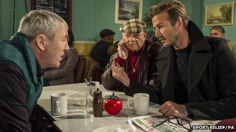 Nicholas Lyndhurst, Sir David Jason and David Beckham in a special Sport Relief episode of Only Fools and Horses