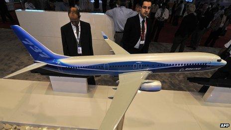 People looking at a model of Boeing 737 plane