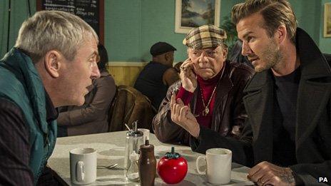 David Beckham with David Jason and Nicholas Lyndhurst in the Sport Relief Only Fools and Horses sketch