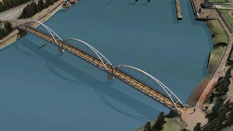 One of the designs for the proposed new pedestrian and cycle bridge across the River Lagan