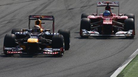 Sebastian Vettel (left) leads Fernando Alonso during the 2012 season