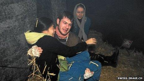 A refugee situation is simulated in Davos, Switzerland