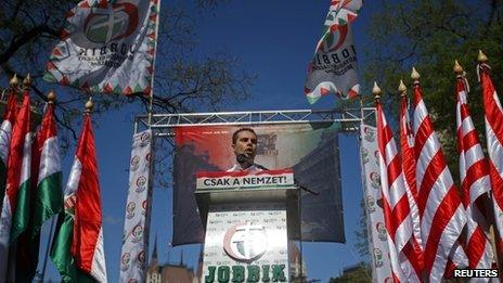 Jobbik party leader Gabor Vona speaks at a party rally