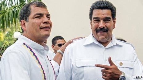 The presidents of Ecuador and Venezuela, Rafael Correa (left) and Nicolas Maduro (right