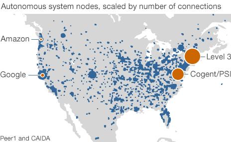 Map showing Google and Amazon, Level 3 and Cogent