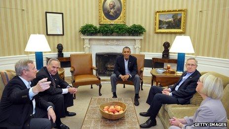 US President Barack Obama meets with Senate Democratic leadership, including (from left), Senator Dick Durbin, D-IL; Chuck Schumer, D-NY; and Senate Majority Leader Harry Reid, D-NV