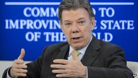 Colombia's President Juan Manuel Santos speaks at the World Economic Forum in Davos, Switzerland, January 23, 2014