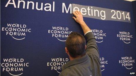 A man prepares a sign for the WEF annual meeting