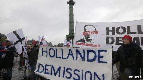 Demonstrators hold a banner which reads "Hollande Resign" as several thousand people attend a Day of Anger march in protest at Mr Hollande's policies