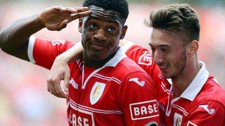 Standard Liege players Michy Batshuayi (right) Anil Koc celebrate